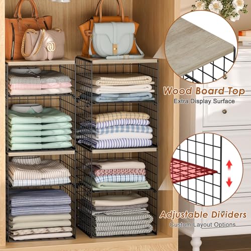 4-Tier Stackable Closet Organizers and Storage, Adjustable Dividers & Wood Top Storage Shelves for Clothes, Wardrobe & Closet Storage Basket Bins/Cube, Space-Saving Closet Organizer System, Black