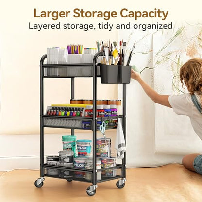 3 Tier Metal Rolling Cart, Black Utility Storage Cart with Wheels | Metal Mesh Craft Cart With Hooks & Hanging Cups, Ideal For Kitchen, Bathroom, Office, Dorm, Art Workspace, Bedside Storage