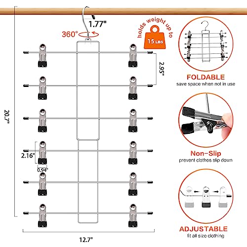 3 Pack Pants-Hangers-Space-Saving, 6 Tier-Closet-Organizers-and-Storage | Skirt Hangers with Clips, Closet-Organizer-Clothes-Organization Jeans Scarf Hangers,College-Dorm-Room-Essentials Decor