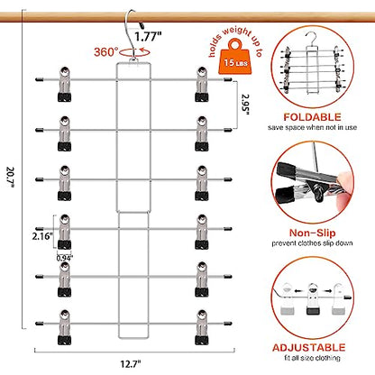3 Pack Pants-Hangers-Space-Saving, 6 Tier-Closet-Organizers-and-Storage | Skirt Hangers with Clips, Closet-Organizer-Clothes-Organization Jeans Scarf Hangers,College-Dorm-Room-Essentials Decor