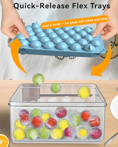 Ice Cube Trays with Lid and Bin, BPA-Free Mini 0.8 Inch Sphere Ice Molds, 3-Pack Small Round Ice Ball Trays，，Easy Release, Includes Scoop & Ice Storage Box for Cocktails, Coffee