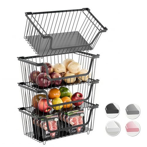 4 Pcs Stackable Wire Baskets Pantry Organizers and Storage Bins,Black | Breathable Metal Design with Rotating Handle,Ideal for Potato Onion Garlic Fruit Snack Veggie Kitchen Countertop Organization
