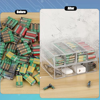 BTSKY Clear Acrylic Battery Storage Organizer for AA, AAA, 9V, C Batteries | 4-Drawer Storage Box Battery Holder Organizer for Common Types Batteries, Household Container, 1 Pack(Batteries Not Included)
