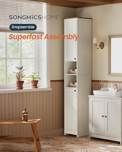 SONGMICS HOME 67-Inch Tall Bathroom Storage Cabinet, Snapsemble Superfast Assembly, 11.8-Inch Wide Slim Narrow Freestanding Cabinet with Adjustable Shelves, Kitchen Living Room, Rustic White