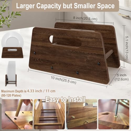 Wooden Disposable Plate Dispenser, Acacia Plate Holder for 5-12 Inches Paper Plastic Foam Plate Storage Organizer Rack Holder for Cabinet, Countertop, Rv or Outdoor Use (Black Acacia, 1PC)