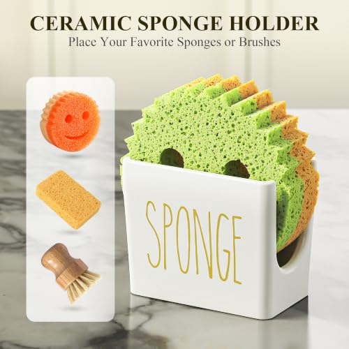 Kitchen Soap Dispenser Set Comes with Ceramics Sponge Holder, Gold Pumps, and Instant Dry Tray, Hand and Dish Soap Dispenser Set, Kitchen Decor and Accessories for Countertop Organizer