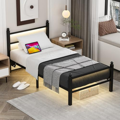 Twin Bed Frames with Charging Station & LED Lights, Metal bed frame twin size with Headboard and Footboard, Heavy Duty Slats Support Platform, No Box Spring Needed, Noise Free, Easy Assembly, Black