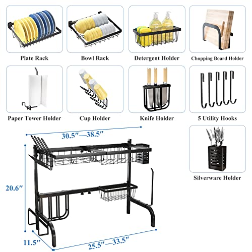 Over The Sink Dish Drying Rack, Adjustable 25.5-33.5 in, 2-Tier, Black | All-in-One Large Capacity, Snap-On Design for Flexible Use, Strong Metal Frame, Non-Slip Feet, Fits Sinks Up to 33" W