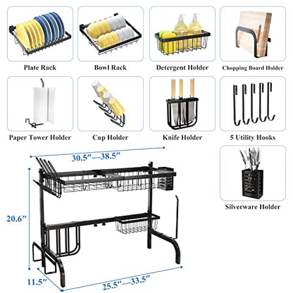 Over The Sink Dish Drying Rack, Adjustable 25.5-33.5 in, 2-Tier, Black | All-in-One Large Capacity, Snap-On Design for Flexible Use, Strong Metal Frame, Non-Slip Feet, Fits Sinks Up to 33" W