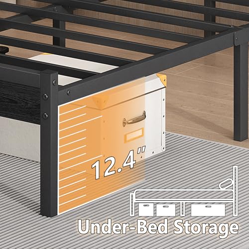 CLIBFENG 14 Inch Classic Metal Platform Bed Frame-Full Size Bed Frame with Headboard,Steel Slats Support-LED Bed Frame with USB Charging Station,Under Bed Storage,No Box Spring Needed,Noise Free