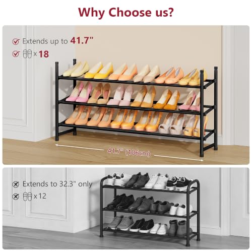 Expandable Shoe Rack for Closet 3 Tier, 28“-41“Stackable, Black | Adjustable Shoe Organizer Closet Shoe Rack Floor, Metal Shoe Shelf Storage for Entryway, Closet, Garage, Front Door Entrance