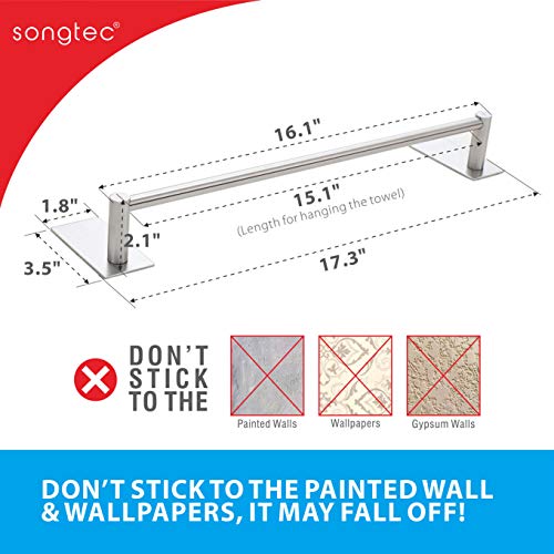 Songtec Bathroom Towel Bar 16-inch, No Drill Stick On Towel Rack, Easy Install with Self-Adhesive, Premium SUS304 Stainless Steel - Brushed Nickle