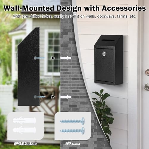 KYODOLED Wall Mount Money Drop Box with Lock & Slot, Metal Cash Box for Farm Stand, Porch Pickup, Office & Donations, 10.24x5.7x2.95 Inch, Black