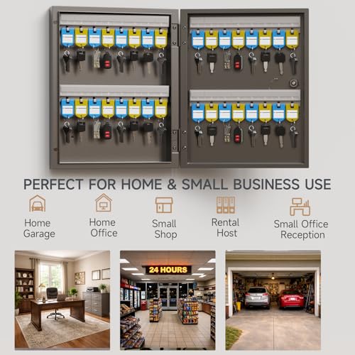 32-Keys Key Lock Box, Wall Mount Steel Key Organizer Cabinet with Key Tag | Security Key Holder Lockbox with Key Management App for Small Office, Key Storage for Home, Garage, Fleet & Valet
