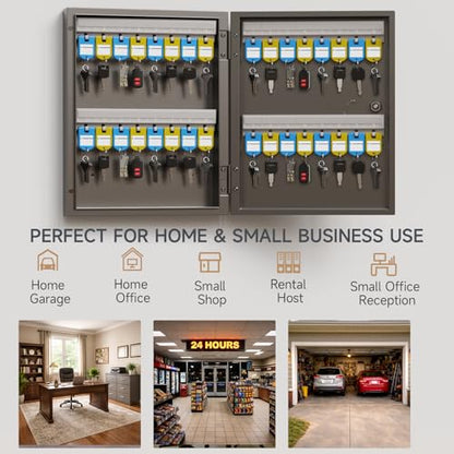 32-Keys Key Lock Box, Wall Mount Steel Key Organizer Cabinet with Key Tag | Security Key Holder Lockbox with Key Management App for Small Office, Key Storage for Home, Garage, Fleet & Valet