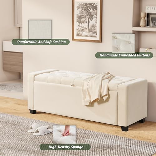 Ottoman with Storage,Tufted Storage Bench with Safety Hinge,Holds up to 350 lb,Upholstered Bench with Seating for Bedroom, Living Room,Entryway,Linen Beige