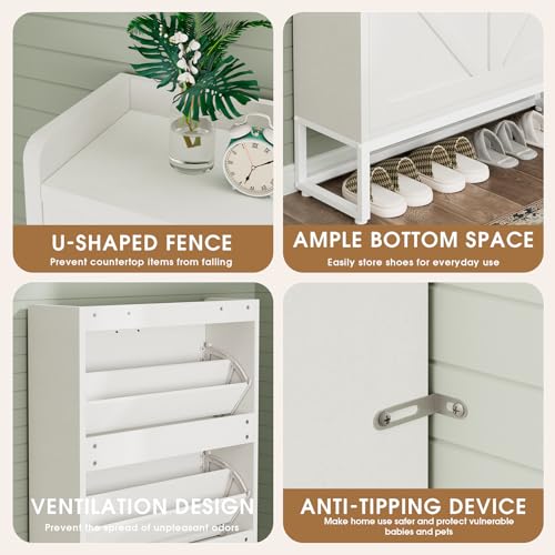 Shoe Cabinet, Shoe Storage Cabinet with 2 Flip Drawers & Adjustable Shelf, Space-Saving Shoe Organizer – Holds 16+ Pairs, Narrow Shoe Cabinet Storage for Entryway/Hallway（White）