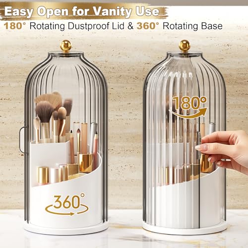 Covered Makeup Brush Holder with Sliding Lid, 360° Rotating Makeup Organizer Countertop for Vanity, Bathroom, Make up/Nail Brushes Storage, Dustproof Toothbrush Holders with Cover for Bathrooms, White