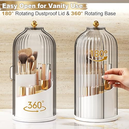 Covered Makeup Brush Holder with Sliding Lid, 360° Rotating Makeup Organizer Countertop for Vanity, Bathroom, Make up/Nail Brushes Storage, Dustproof Toothbrush Holders with Cover for Bathrooms, White