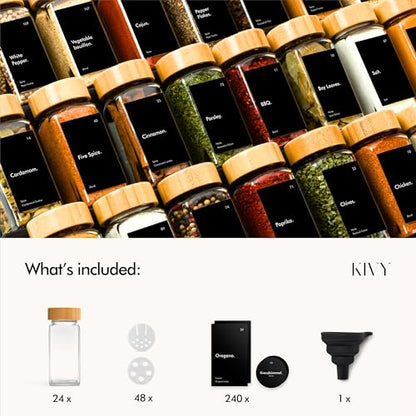 KIVY Spice Jars with Labels [24x 4oz] Glass Seasoning Containers with Airtight Lids for Organization - Empty Square Bottles for Spices & Seasonings with Shaker Lids - Spice Containers Wood Bamboo
