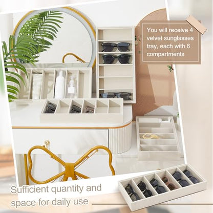 4 Pcs Velvet Sunglasses Organizer Tray 6 Grid Sunglass Organizer Velvet Tray Stackable Glasses Display Case for Women Glasses Jewelry Display Watch (Beige)