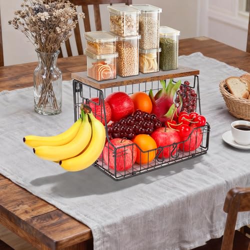 Fruit Basket for Kitchen, Metal Fruit Vegetable Storage Bin with 2 Banana Hangers, Countertop Wire Basket Organizer for Snack Potato Onion, Screw Mounted or Stand (Black, 1 Pack)