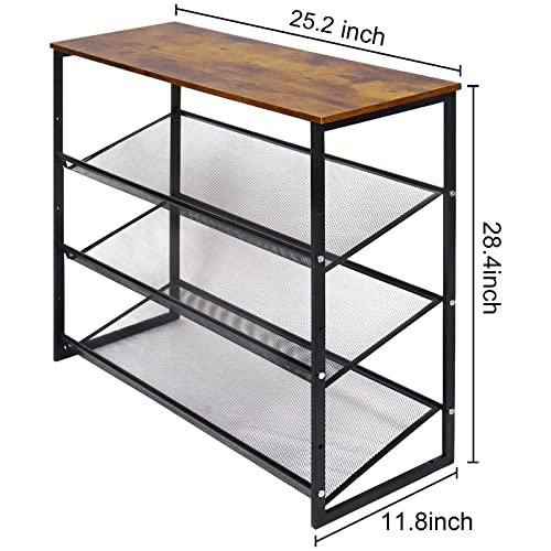 Shoe Rack for Entryway 4 Tiers 11.8" D x 25" W x 28" H, Metal Shoe Rocks with Brown Wooden Tabletop, Angled Shoes Rack with Adjustable Mesh Shelves for Entryway Hallway Closet
