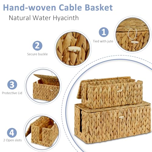 efluky 2 Pack Water Hyacinth Floor Cord Covers with Lid, Hand-woven Cable Management Box, 2 Open Slots Cord Box to to Hide USB Wire, Power Strip & Charger for Home & Office and Dorm, Natural