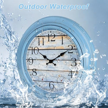 eYotto 18-Inch Outdoor Wall Clock with Waterproof Thermometer & Hygrometer | Weather-Resistant, Battery Operated, Large Easy-Read Dial, Silent Non-Ticking; Patio, Pool, Garden, Porch, Beach House Decor