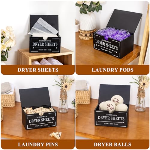 HouseJoy Dryer Sheet Holder-Black Dryer Sheet Container with Lid,Wooden Laundry Room Organization and Storage,Rustic Farmhouse Dryer Sheet Dispenser for Laundry Room Decor,Fabric Softener Containers