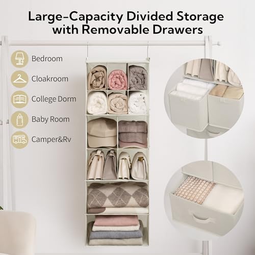 GRANNY SAYS Hanging Closet Organizer with Drawers, 6 Shelf Dividers Closet Hanging Organizer, Portable Foldable Hanging Shelves for Closet, Dorm Room, Bedroom, Kids Room, Beige