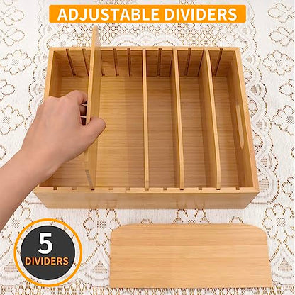 Bamboo Lid Holder Food Container, Kitchen Organizer with 5 Adjustable Dividers, Cabinet Organizer for Food, Kitchen Gadget, Container Lids (2pcs)