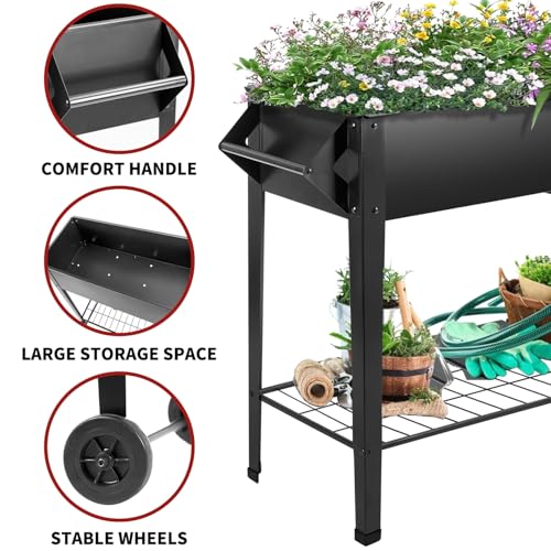 32" Rolling Raised Garden Bed with Wheels, Heavy Duty Metal Elevated Planter Box, Outdoor Flower Cart Plant Stand, Raised Planter with Storage Shelf for Patio Balcony Backyard Growing