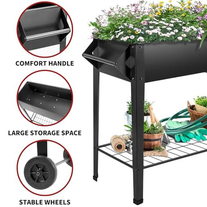 32" Rolling Raised Garden Bed with Wheels, Heavy Duty Metal Elevated Planter Box, Outdoor Flower Cart Plant Stand, Raised Planter with Storage Shelf for Patio Balcony Backyard Growing