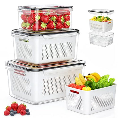 Fruit Storage Containers for Fridge, 3 Pack Plastic Food Storage Container