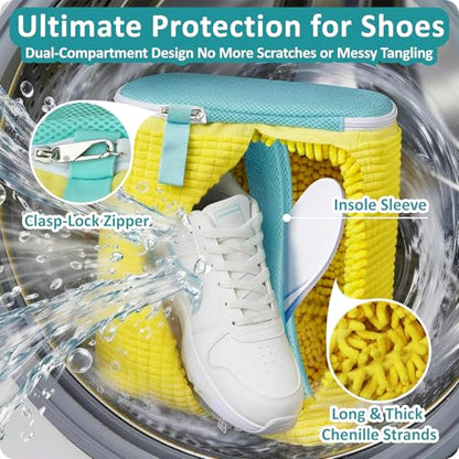 Shoe Washing Machine Bag for Sneaker Cleaning Laundry Shoe Bag, Yellow | Dual Compartment, Full Protection, Clasp-Lock Zipper, Dense Chenille, Bound Edge & Seams