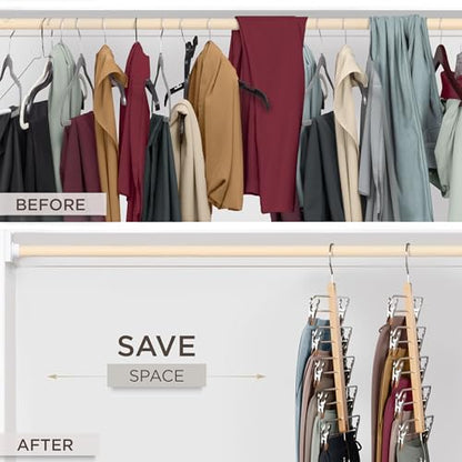 Skirt Hangers Space Saving with Clips - 2 Pack - European Beechwood 5-Tier Hanger for Shorts, Skirts, and Pants - Closet Organizer and Storage Solution for Women with 360° Swivel Hook