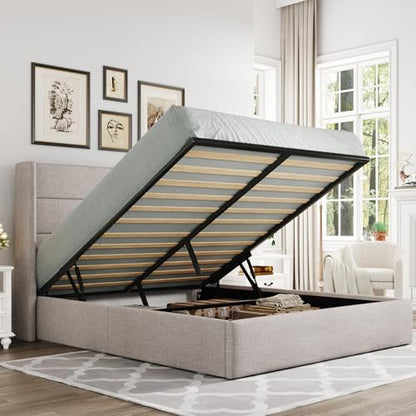 Allewie Queen Size Lift Up Hydraulic Storage Bed Frame Light Beige