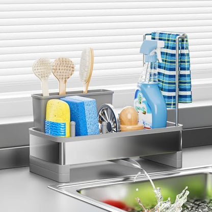 Ewaiira Stainless Steel Sink Caddy, Sponge Holder for Kitchen Sink 9.8″ | with Brush Holder Dishcloth Rack, Rustproof Sink Organizer Countertop, Soap Kitchen Organizers Storage Essentials, Gray