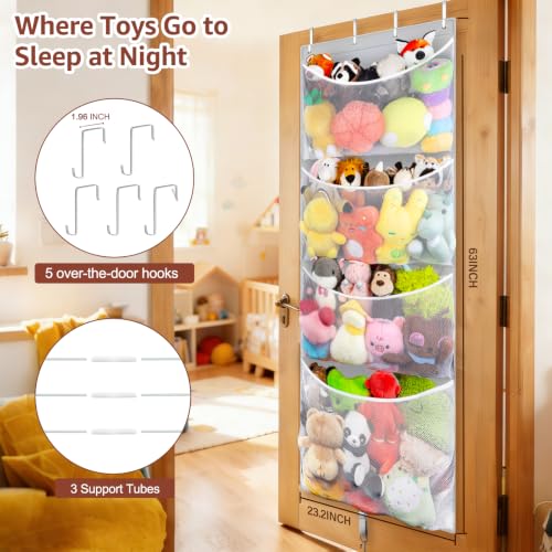 Over Door Stuffed Animal Storage, Hanging Plush Toy Organizer Holder | Behind Door Organizer with 4 Large Pockets, Mesh Hammock Bag for Doll & Bear Stuffies, Idea for Girl Boy Kid Nursery Closet