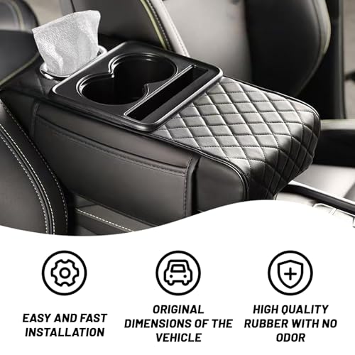 Car Armrest Cushion, 5 in 1 Center Console Cover with 2 Cup Holders, Phone Holder, Tissue Holder, Storage Bag, Multifunctional Leather Heightened Car Armrest Cushion for Most Cars（Black