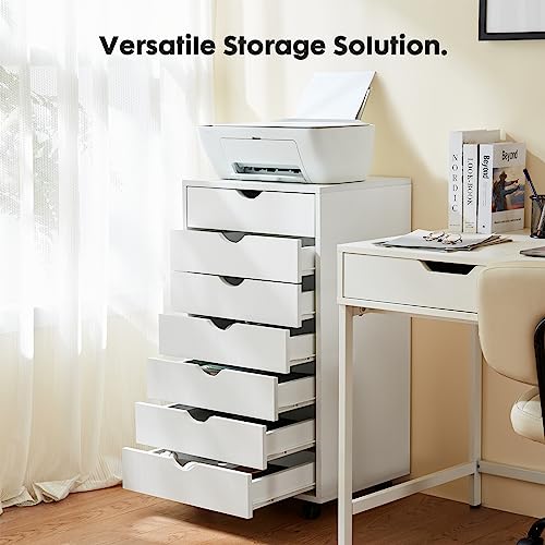 OLIXIS 7 Drawer File Cabinet on Wheels, Printer Stand | Fits Under Desks, Wood Storage Organization Holds Printer, Office Supplies, Not For Hanging Files, For Home Office Use White