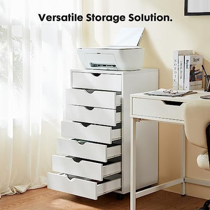 OLIXIS 7 Drawer File Cabinet on Wheels, Printer Stand | Fits Under Desks, Wood Storage Organization Holds Printer, Office Supplies, Not For Hanging Files, For Home Office Use White