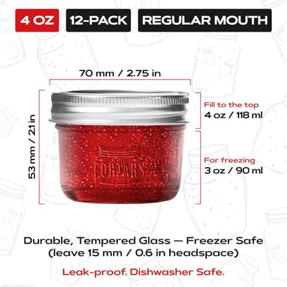 FORJARS® Premium Mason Jars with Lids – 4oz | Regular Mouth Canning Jars | 12-Pack Glass Jars for Jam, Jelly, Honey, Spices, Desserts, Sauces, Food Storage, Freezer Safe, Airtight Bulk Set