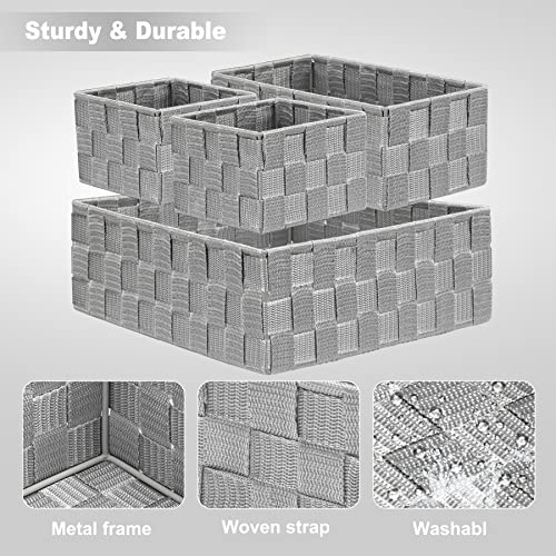 Drawer Organizer Bins,Woven Strap Storage Box Cube Basket Containers Divider for Organizing drawers, Shelves, Closets, Cabinets, Dressers and Countertops,set of 4, Light Grey