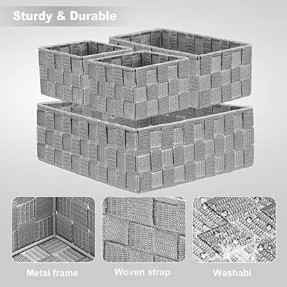 Drawer Organizer Bins,Woven Strap Storage Box Cube Basket Containers Divider for Organizing drawers, Shelves, Closets, Cabinets, Dressers and Countertops,set of 4, Light Grey