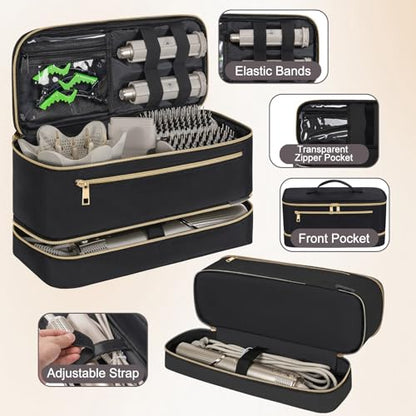 Hair Dryer Case for Shark Flex Style , Double Layer Travel Carrying Case | Portable Storage Case, Shark Hair Tools Storage Organizer bag for Airwrap Styler and Attachments, Black Glod,13 IN