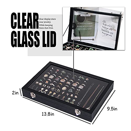 Ring Holder Organizer Box, Jewelry Display Case, Earring Necklace Storage Tray With Top Glass Lid (Black, 100 Slots)