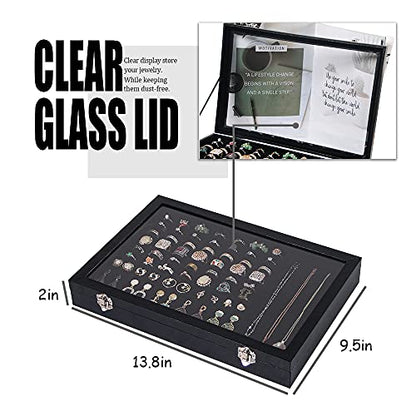 Ring Holder Organizer Box, Jewelry Display Case, Earring Necklace Storage Tray With Top Glass Lid (Black, 100 Slots)