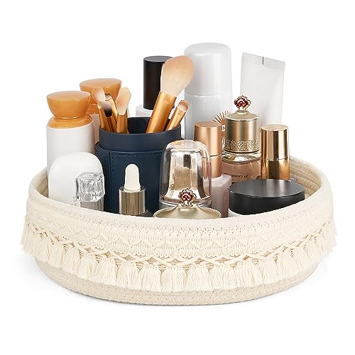 Mkono Makeup Perfume Organizer, Boho Decor Macrame Storage Basket, Ivory | Dorm Bedroom Decor, Hand-Woven Small Basket, Decorative Skincare Cosmetics Holder, Vanity Dresser Bathroom Office
